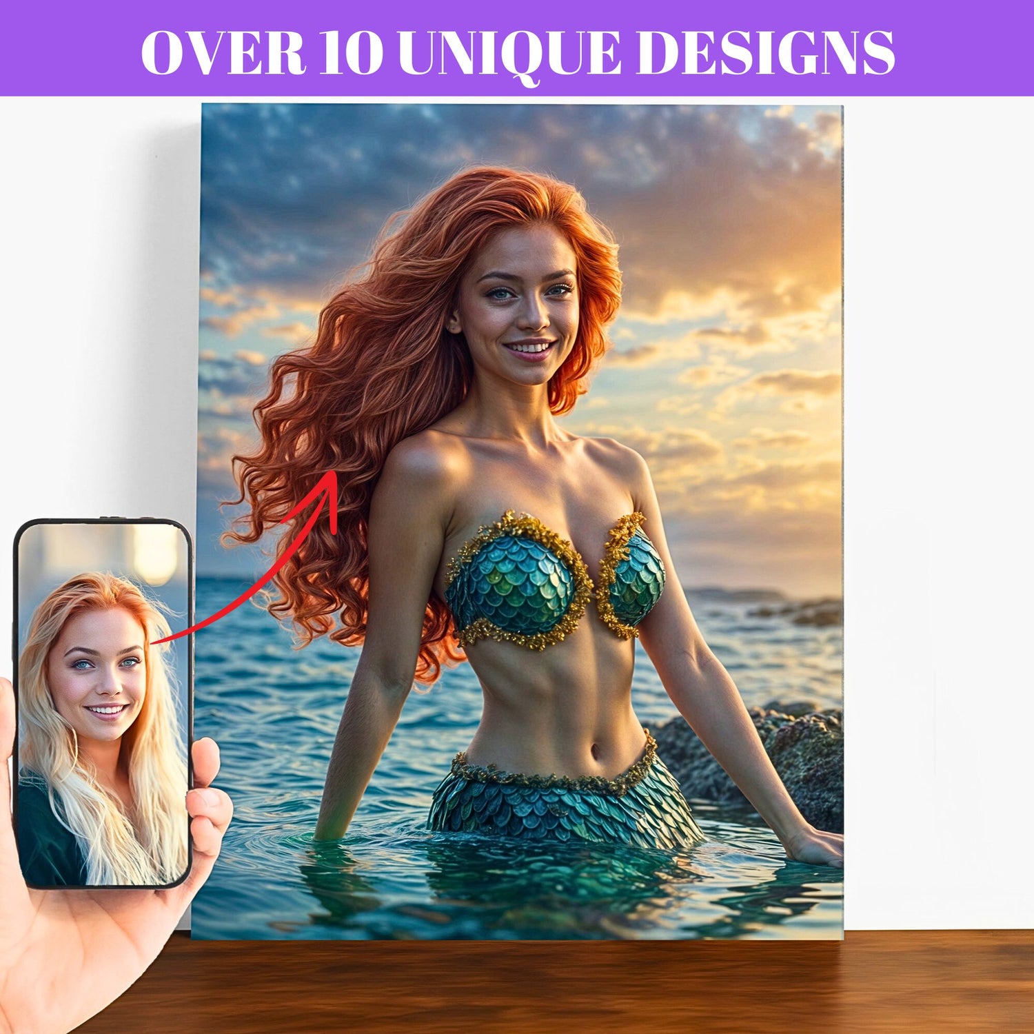 Custom Mermaid Portrait From Photo Personalized Princess Mermaid Portrait From Photo Wall Art Birthday gift for a woman Wall Art MT2.1