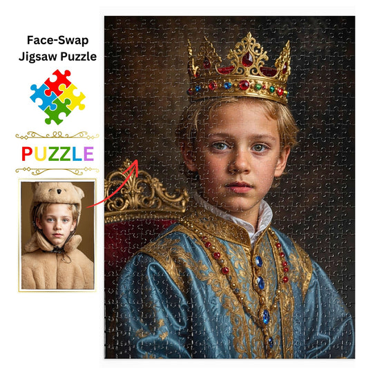 Create a Royal Masterpiece: Personalized Puzzle from Photo | Gift for Mom and Dad | Explore our Custom Kids Royal Puzzle, perfect for birthdays and family celebrations. Immortalize your child's royal moment in 252, 500, or 1000-piece puzzles. Crafted with premium materials for durability and family fun. Order now and receive your puzzle in a sleek metal box, ready to impress. Ideal for children 4+ (choking hazard precaution).