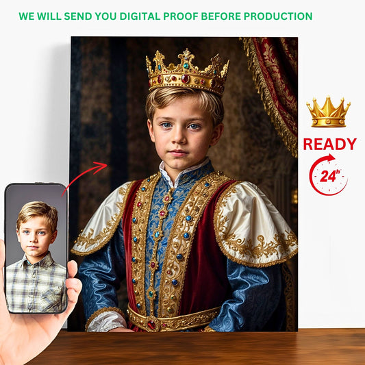 Turn your child's photo into a regal work of art with our Custom Kid Royal Portraits. Perfect for birthdays and special occasions, these personalized portraits of your little King or Queen capture timeless elegance. Create a unique, Renaissance-style masterpiece that will adorn any child's room with royal flair.