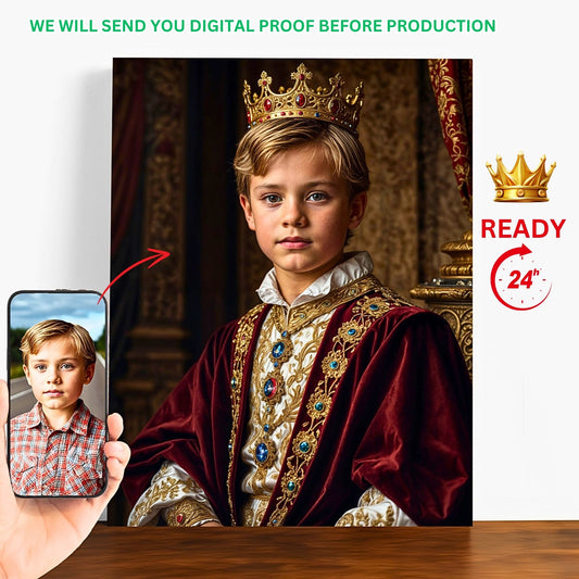 Transform your child's photo into a majestic royal portrait. Our custom kids' portraits are perfect for birthdays and special occasions, capturing the essence of royalty. Personalized and Renaissance-inspired, these portraits make unique and cherished gifts for boys and girls.
