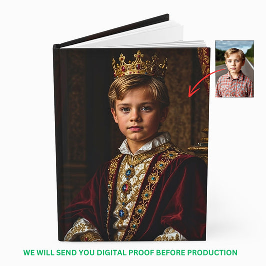 Presenting our Custom Kids Royal Journal from Photo—a masterpiece of personalization and elegance that transforms your child’s portrait into a stunning work of art. This journal redefines the concept of keepsakes by blending the charm of childhood with the sophistication of royal heritage.