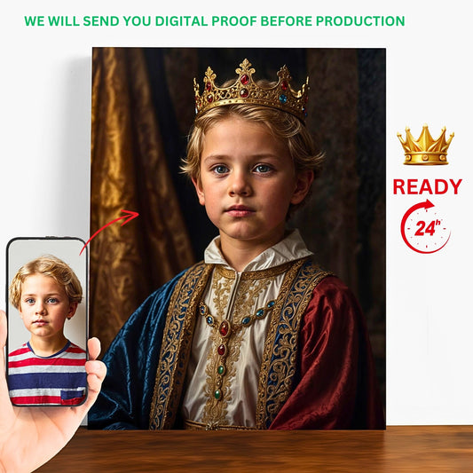 Transform your child's photo into a royal portrait fit for a king or queen. Our custom kids' portraits are perfect for birthdays and special events, blending personalized touches with timeless Renaissance elegance. Ideal for unique gifts and stylish room decor for children.