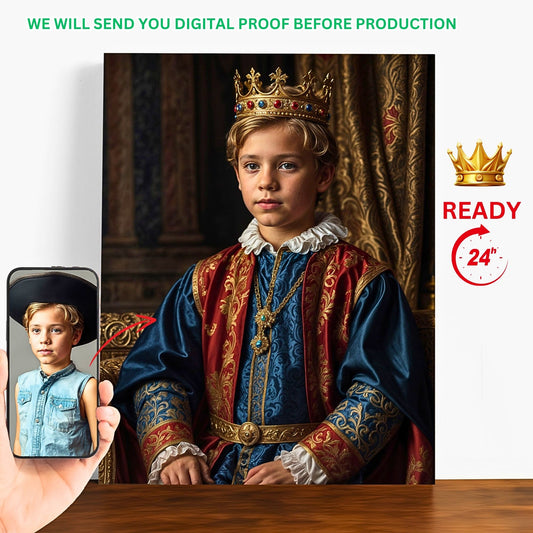 Turn your child's photo into a royal portrait masterpiece. Perfect for birthdays and special events, our custom portraits make your little one look like a King or Queen. These personalized, Renaissance-inspired artworks are unique gifts that add a touch of elegance to any room.