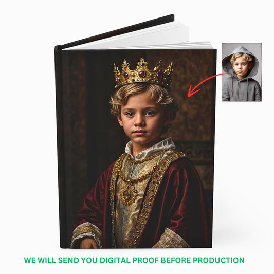 our Custom Kids Royal Journal from Photo, a distinguished homage that transforms your child’s photograph into an extraordinary piece of personalized artistry. This journal seamlessly blends the timeless elegance of historical portraiture with modern customization, offering a unique way to celebrate your child’s individuality.