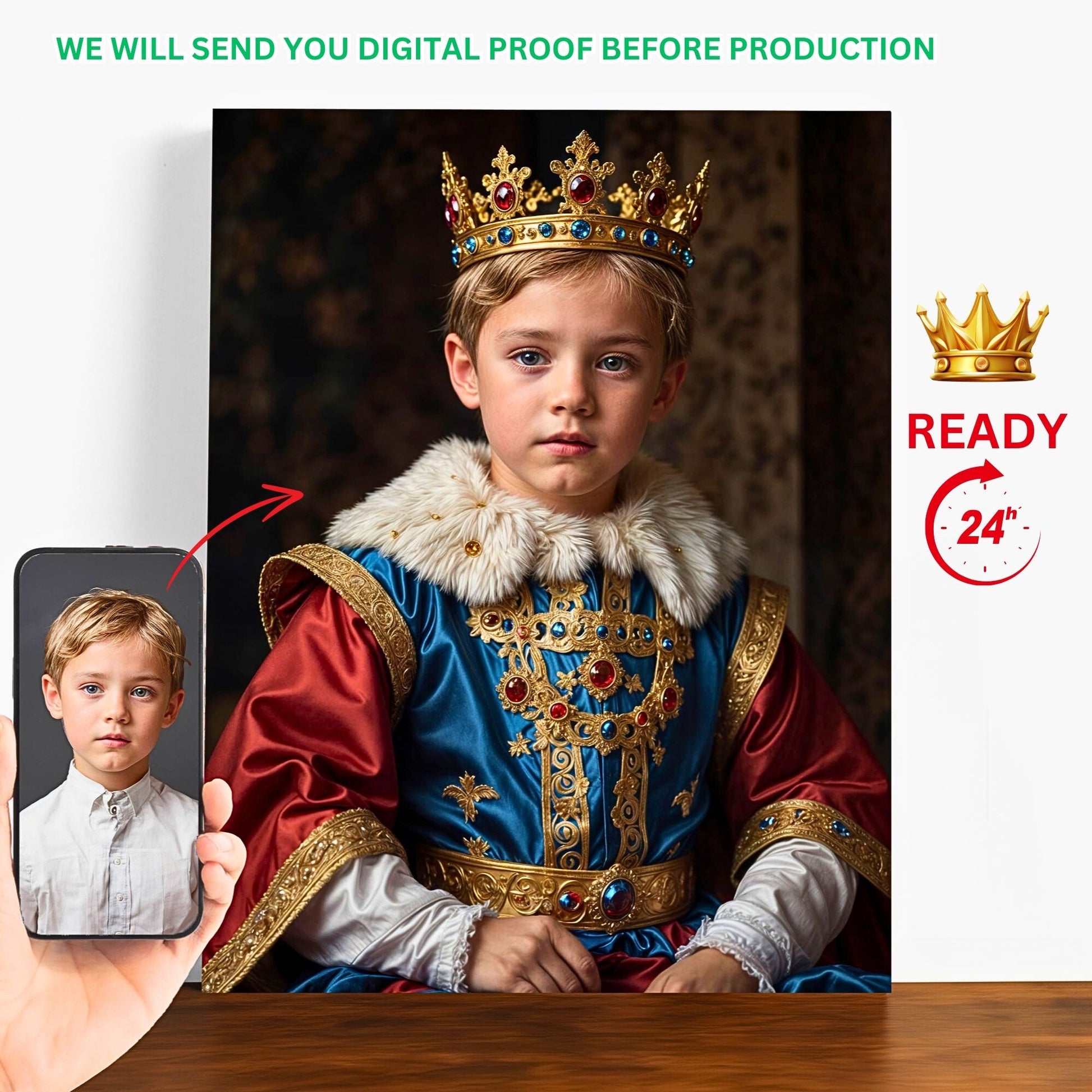 Create a regal tribute with our Custom Kid Royal Portrait service. Personalized portraits of your little King, ideal for Birthday gifts and kids' room decor. Capture the charm of royal heritage with bespoke Renaissance-style portraits crafted from your favorite photos.