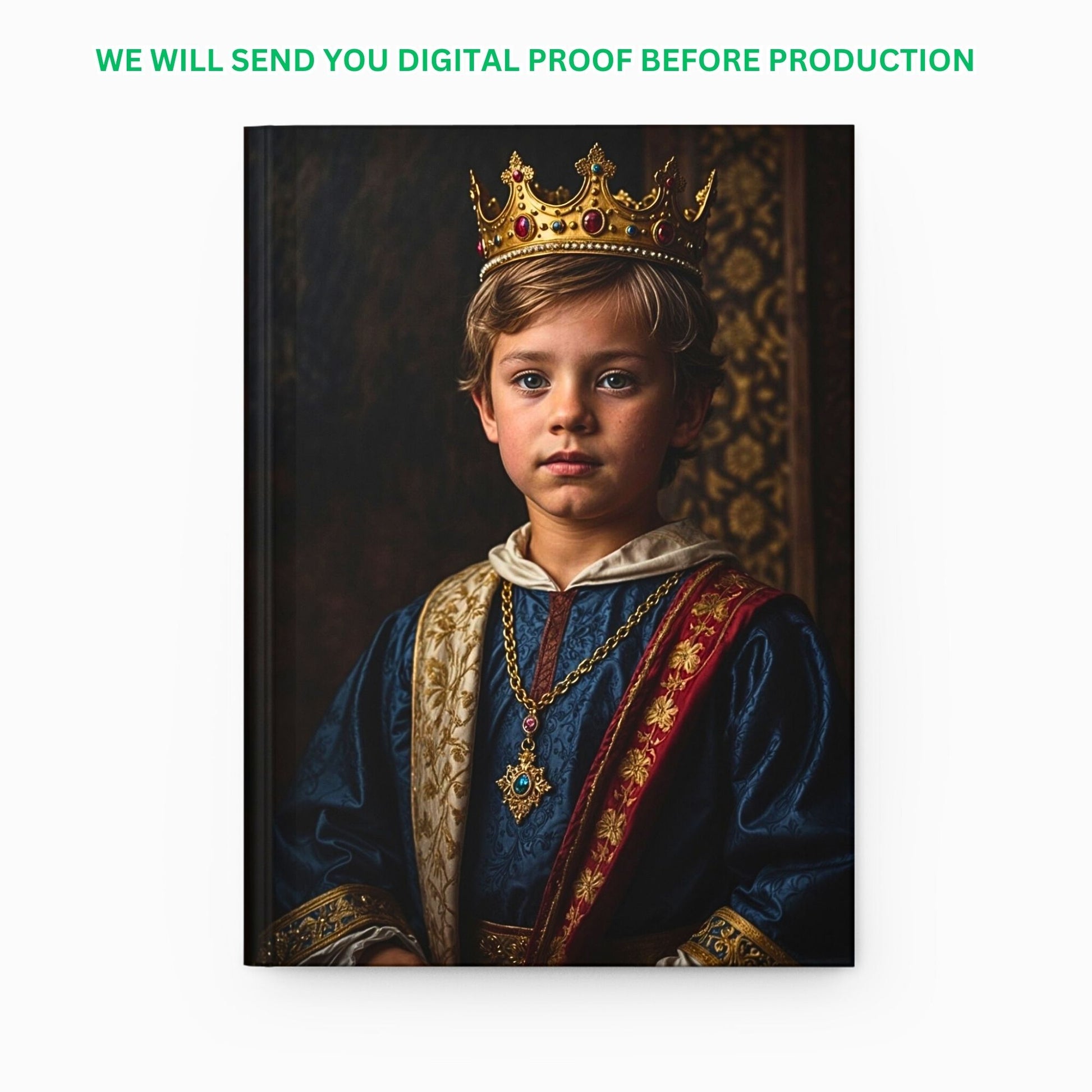 Transform mundane photos of your children into timeless heirlooms with our exquisite Custom Kids Royal Journal from Photo. This personalized journal reimagines your child's portrait in the style of a historical royal manuscript, blending sophistication with sentimentality.