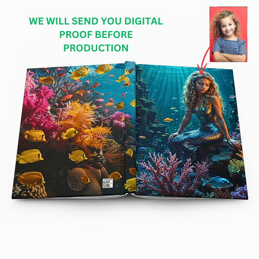 Capture her imagination with a Custom Mermaid Journal featuring her own photo. This personalized keepsake is a magical birthday gift for girls who adore mermaids and love to journal their adventures.