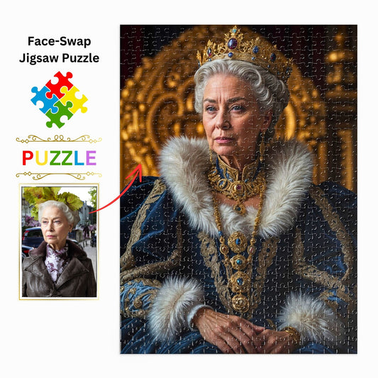 Step into the world of custom puzzles with our Royal Portrait transformations! Perfect for any occasion, from birthdays to special surprises, these Renaissance-inspired puzzles and personalized queen portraits make for unforgettable gifts. Explore AI-crafted historical puzzle art and enjoy easy digital downloads. Delight in custom female puzzle designs that blend elegance and personalization, perfect for showcasing your unique style and creativity.