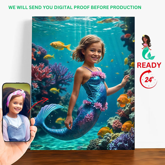 Transform your favorite photos into a magical Custom Mermaid Portrait from Photo. Delight your daughter with a Personalized Princess Mermaid Portrait for her Birthday. Perfect as Wall Art or a unique Mermaid Gift. Ideal for daughters, sisters, moms, and girlfriends. Create unforgettable keepsakes with our Custom Mermaid Art portraits, perfect for any special occasion.
