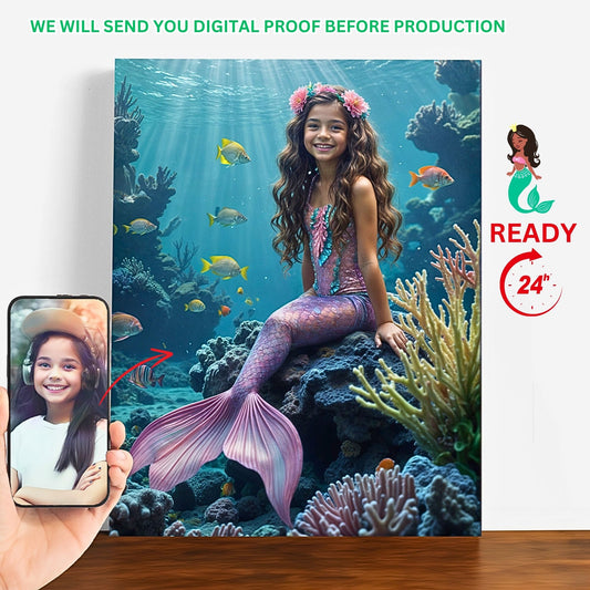 Turn photos into enchanting keepsakes with a Custom Mermaid Portrait from Photo. Perfect as a Personalized Princess Mermaid Portrait for your daughter's Birthday, or unique Wall Art for her room. Ideal for gifting to daughters, sisters, moms, or girlfriends. Create a one-of-a-kind Custom Mermaid Photo Portrait that captures the magic and makes every moment special.