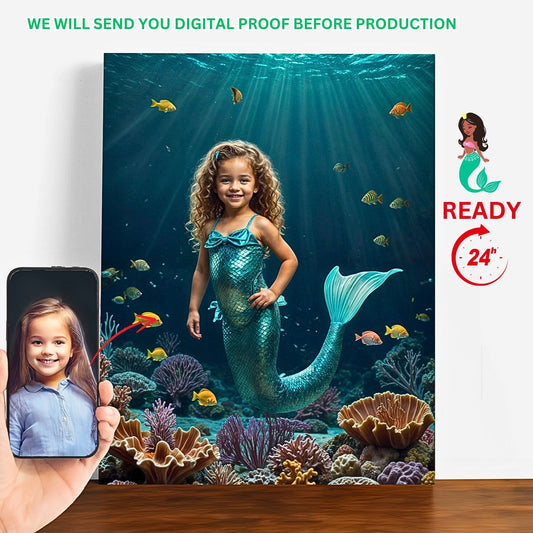  ChatGPT Delight your loved ones with a Custom Mermaid Portrait from Photo, perfect for a Personalized Princess Mermaid Portrait. Celebrate your daughter's Birthday with unique Wall Art that transforms her photo into a magical mermaid. Ideal as gifts for daughters, sisters, moms, or girlfriends, our Custom Mermaid Art portraits create unforgettable memories and personalized keepsakes for any special occasion.