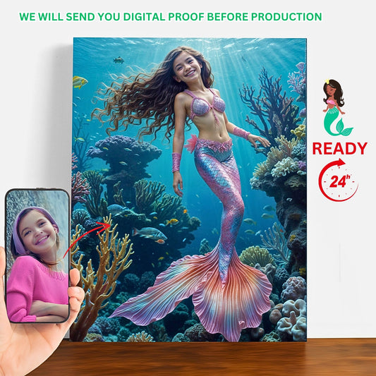 Delight your daughter with a Custom Mermaid Portrait from Photo, the perfect Personalized Princess Mermaid Portrait for her Birthday. Transform her photo into enchanting Wall Art. These unique Mermaid Gifts are ideal for daughters, sisters, moms, and girlfriends. Create unforgettable memories with our Custom Mermaid Art portraits, turning cherished moments into magical keepsakes.