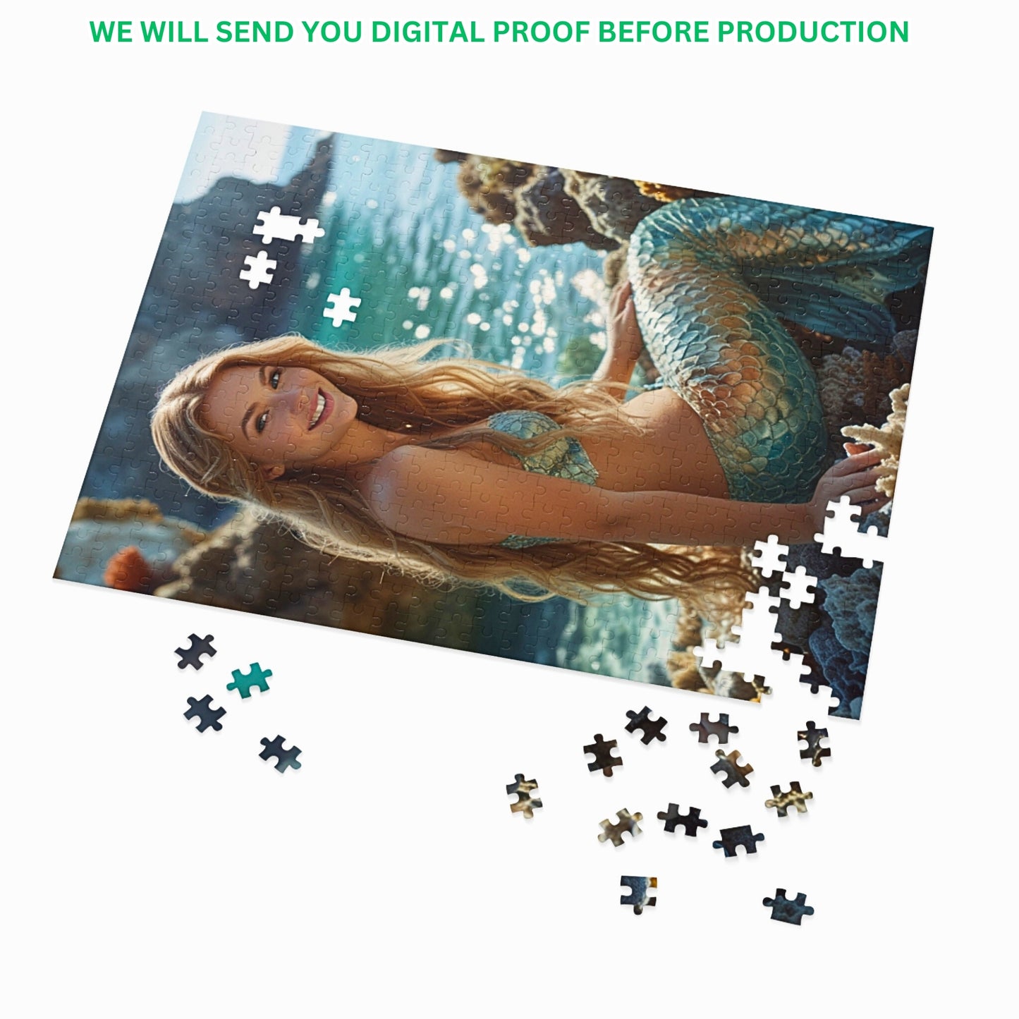 Transform cherished memories into a custom mermaid puzzle! Personalize your puzzle with a princess portrait for a unique birthday gift. Choose from 250 to 1000 pieces. Lady mermaid gifts, princess gifts, and mermaid photo gifts available. Turn any photo into a custom mermaid art puzzle. Ideal for mermaid and princess enthusiasts. Order your personalized puzzle today!