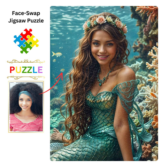 Create an unforgettable personalized mermaid puzzle from your own photo! Customize a princess portrait for a truly unique birthday gift. Select from 250 to 1000 pieces. Lady mermaid gifts, princess gifts, and mermaid photo gifts available. Turn any photo into a custom mermaid art puzzle. Perfect for mermaid and princess lovers. Order your bespoke puzzle today!