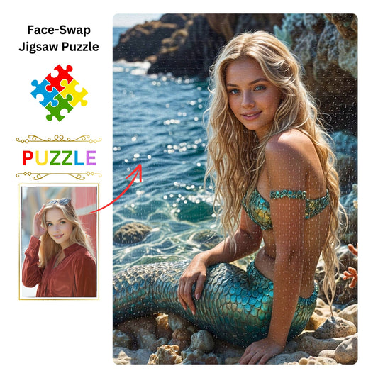 Craft your own mermaid-themed puzzle from a cherished photo! Personalize a princess portrait for a special birthday surprise. Choose from 250 to 1000 pieces. Lady mermaid gifts, princess gifts, and mermaid photo gifts offered. Transform any image into a unique mermaid art puzzle. Ideal for mermaid and princess enthusiasts. Customize your puzzle today!