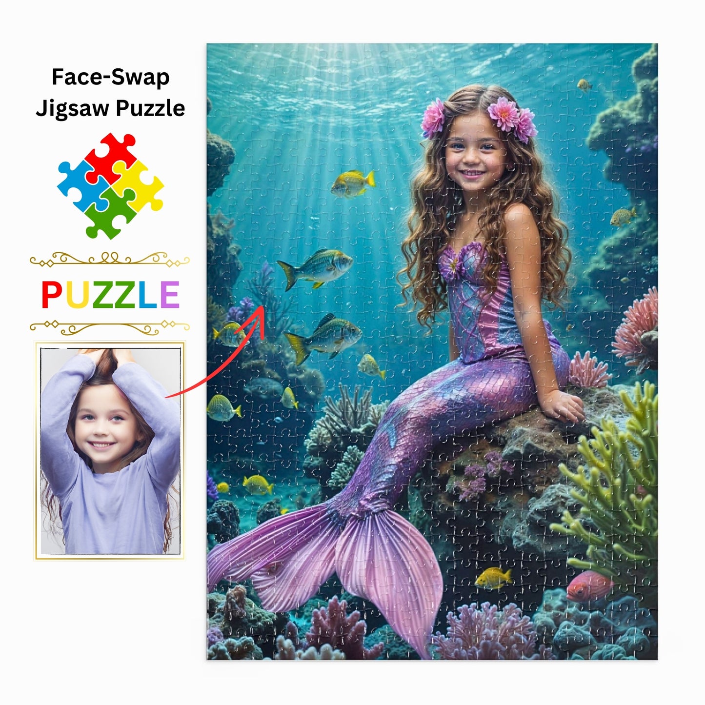 Custom Mermaid Puzzle from Photo. Personalized Girl Little Mermaid puzzle. Custom Princess Portrait Mermaid Gifts. Princess Birthday Gift add puzzle. 250 to 1000PC. Unique Mermaid Puzzle. Custom Gift for Girls. Mermaid Birthday Puzzle. Personalized Princess Gift. Custom Mermaid Art Puzzle. Princess Photo Gift.