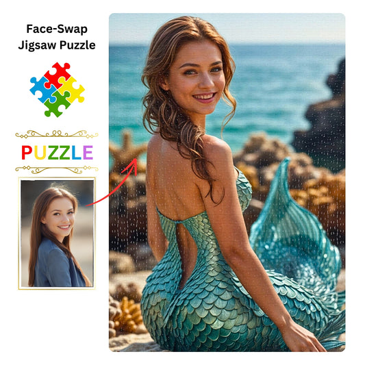 Turn your favorite photo into a custom mermaid puzzle! Personalize a princess portrait for a memorable birthday gift. Available in 250 to 1000 pieces. Lady mermaid gifts, princess gifts, and mermaid photo gifts are options. Convert any image into a unique mermaid art puzzle. Perfect for mermaid and princess aficionados. Create your custom puzzle now!