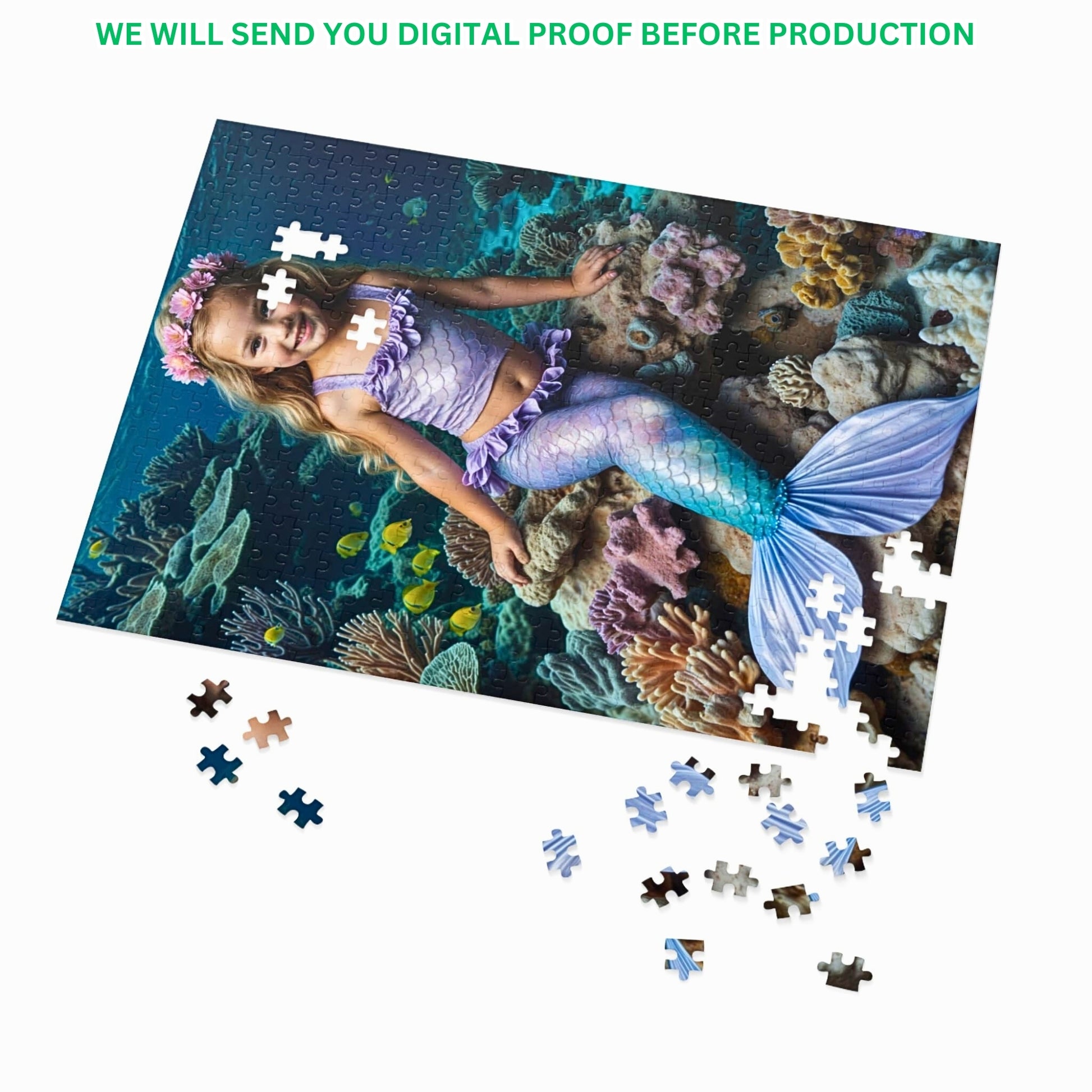 Create Your Own Mermaid Adventure Puzzle! Turn Your Photo into a Personalized Little Mermaid Puzzle. Perfect Princess Portrait Gift. Choose Your Puzzle Size: 250 to 1000 Pieces. Ideal for Birthdays or Special Occasions.