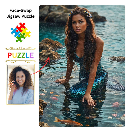 Craft a custom mermaid puzzle from your own photo! Personalize a princess portrait for a unique birthday gift. Available in 250 to 1000 pieces. Lady mermaid gifts, princess gifts, and mermaid photo gifts are options. Transform any image into a bespoke mermaid art puzzle. Perfect for mermaid and princess enthusiasts. Order your personalized puzzle now!