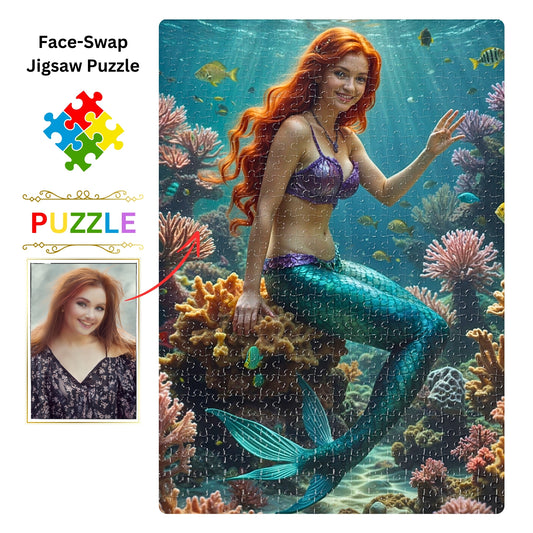 Bring your memories to life with a personalized mermaid puzzle! Create a custom princess portrait for a special birthday surprise. Available in 250 to 1000 pieces. Lady mermaid gifts, princess gifts, and mermaid photo gifts are options. Turn any photo into a unique mermaid art puzzle. Perfect for mermaid and princess fans. Design your custom puzzle today!