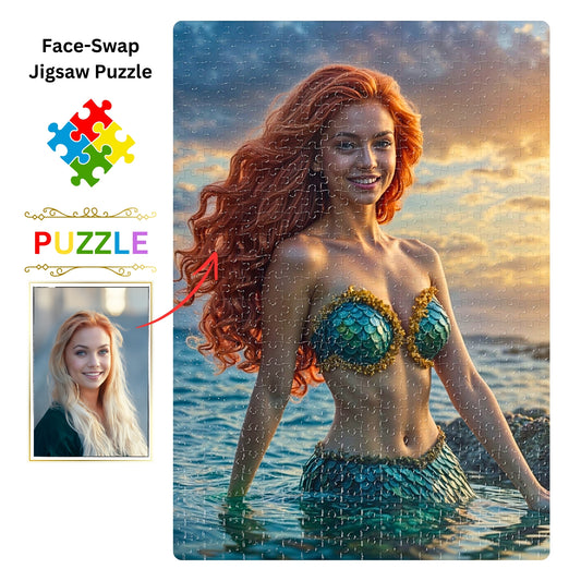 Create your own mermaid puzzle from a cherished photo! Personalize a princess portrait for a memorable birthday gift. Choose from 250 to 1000 pieces. Lady mermaid gifts, princess gifts, and mermaid photo gifts are options. Transform any image into a unique mermaid art puzzle. Perfect for mermaid and princess enthusiasts. Design your custom puzzle today!