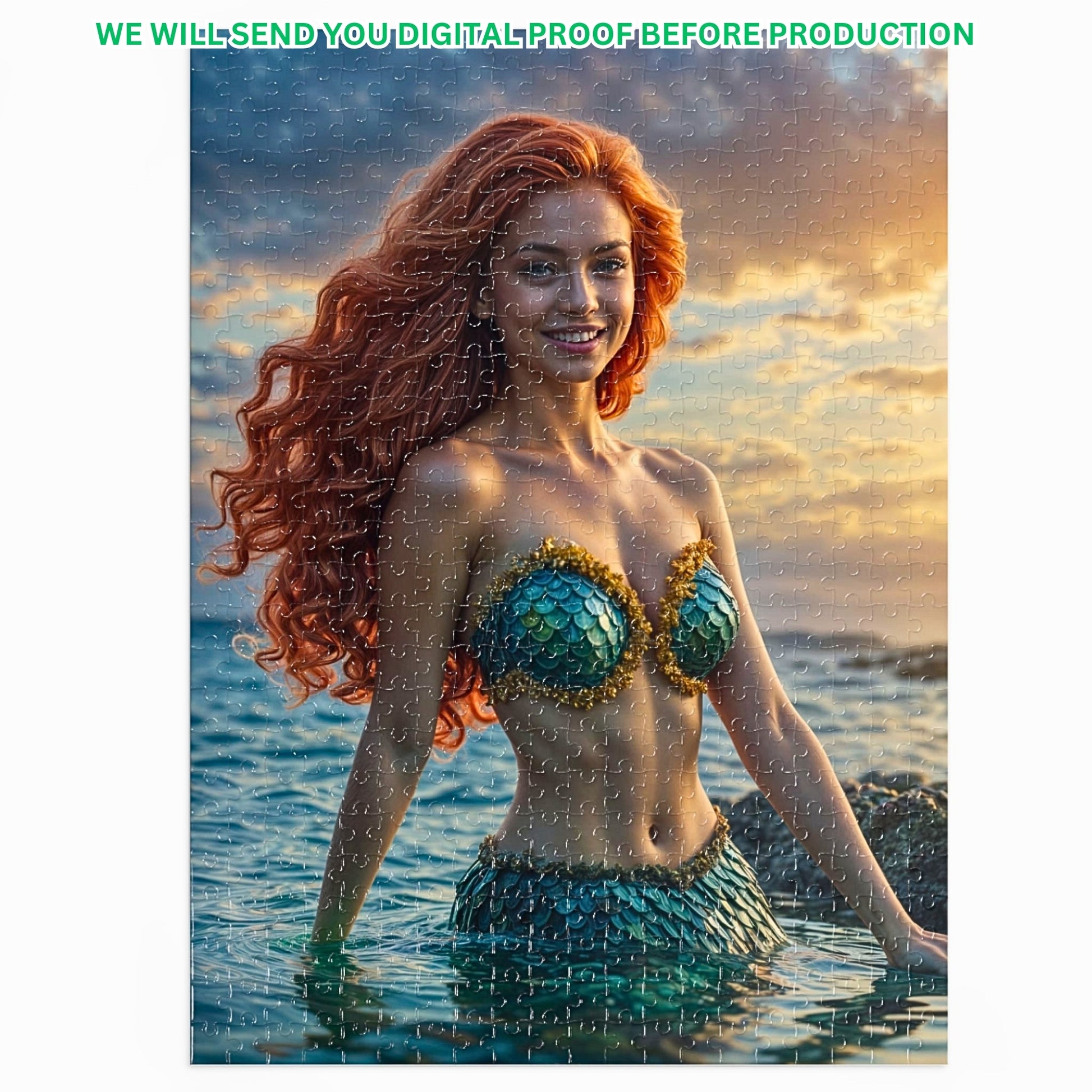Create your own mermaid puzzle from a cherished photo! Personalize a princess portrait for a memorable birthday gift. Choose from 250 to 1000 pieces. Lady mermaid gifts, princess gifts, and mermaid photo gifts are options. Transform any image into a unique mermaid art puzzle. Perfect for mermaid and princess enthusiasts. Design your custom puzzle today!