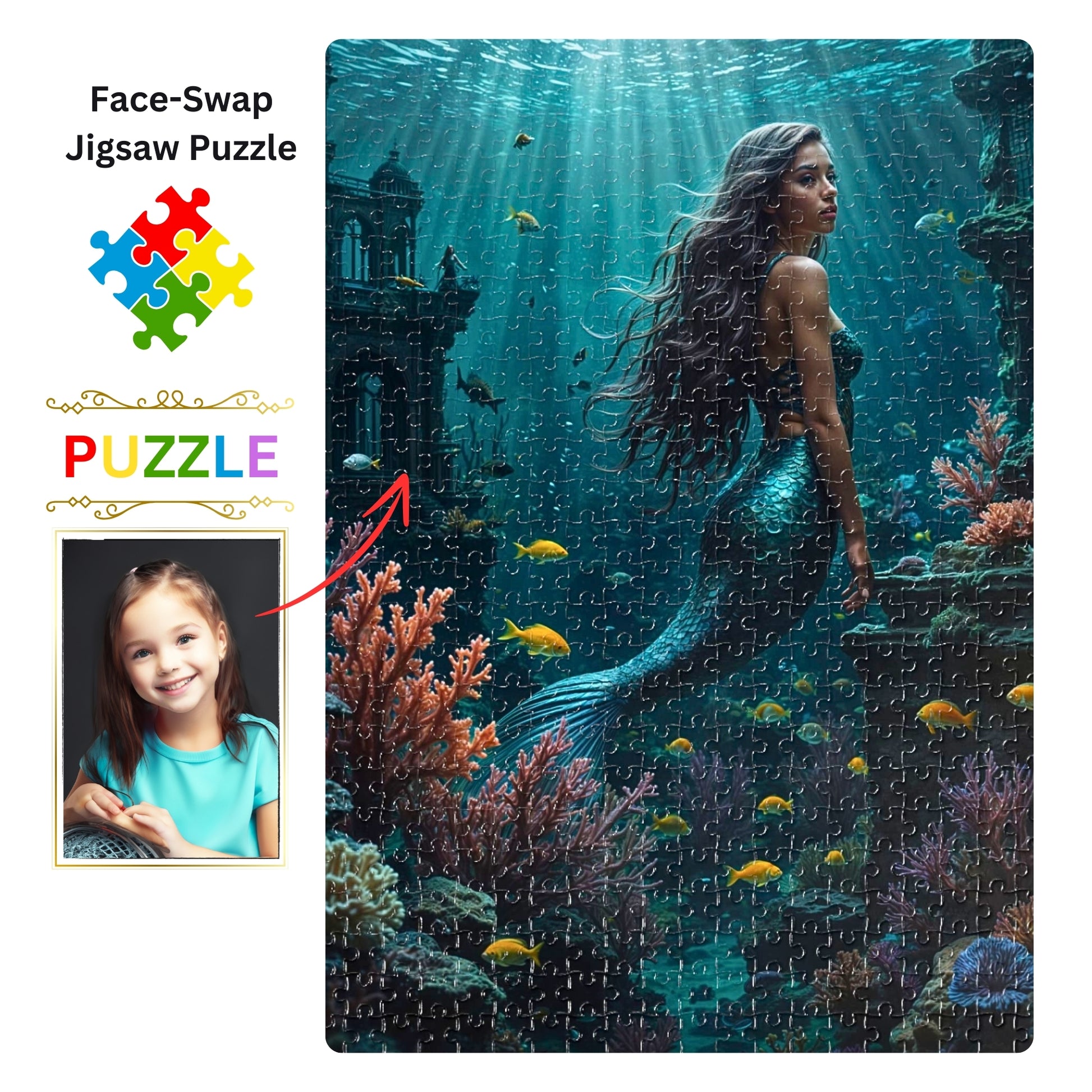 Create your own mermaid puzzle from a photo. Personalized little mermaid puzzle. Custom princess portrait gifts. Ideal for princess birthday celebrations. Choose from 250 to 1000 pieces. Unique mermaid-themed puzzle for girls. Perfect birthday gift.