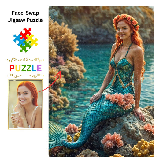 Craft a unique mermaid puzzle from your photo! Personalize a princess portrait for a special birthday gift. Available in 250 to 1000 pieces. Lady mermaid gifts, princess gifts, and mermaid photo gifts are options. Turn any image into a stunning mermaid art puzzle. Perfect for mermaid and princess enthusiasts. Order your custom puzzle today!