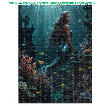 Create your own mermaid puzzle from a photo. Personalized little mermaid puzzle. Custom princess portrait gifts. Ideal for princess birthday celebrations. Choose from 250 to 1000 pieces. Unique mermaid-themed puzzle for girls. Perfect birthday gift.