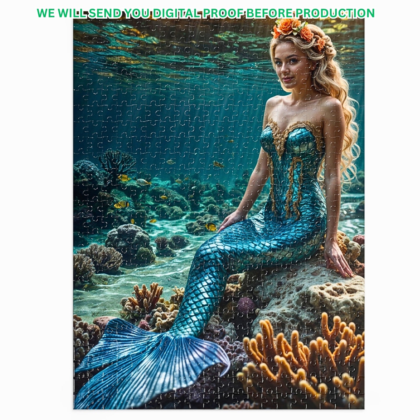 Turn your photo into a personalized mermaid puzzle! Customize a princess portrait for a special birthday surprise. Choose from 250 to 1000 pieces. Lady mermaid gifts, princess gifts, and mermaid photo gifts are available. Transform any image into a unique mermaid art puzzle. Perfect for mermaid and princess lovers. Order your custom puzzle today!