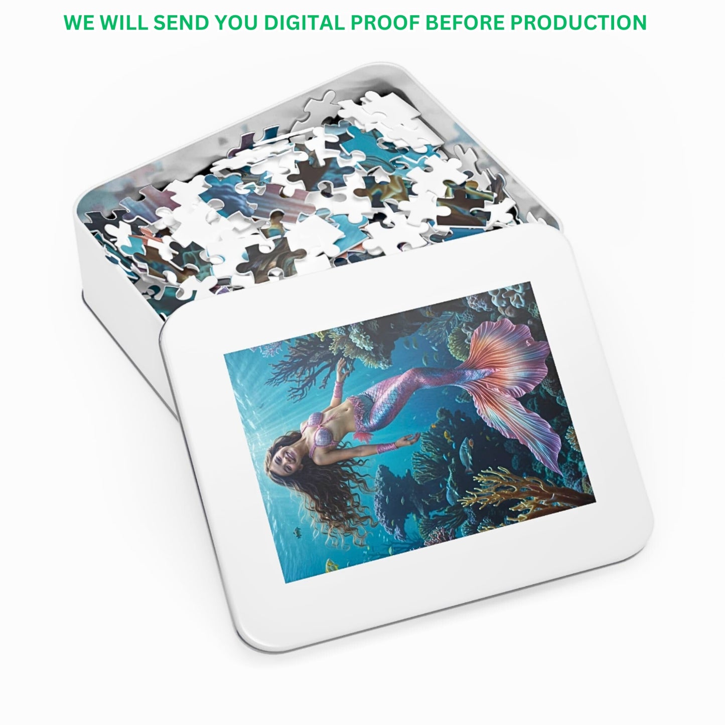 Transform photos into custom mermaid puzzles. Personalized little mermaid puzzle gifts. Create princess portraits. Ideal for princess birthdays. Choose 250-1000 pieces. Unique mermaid-themed gifts for girls.