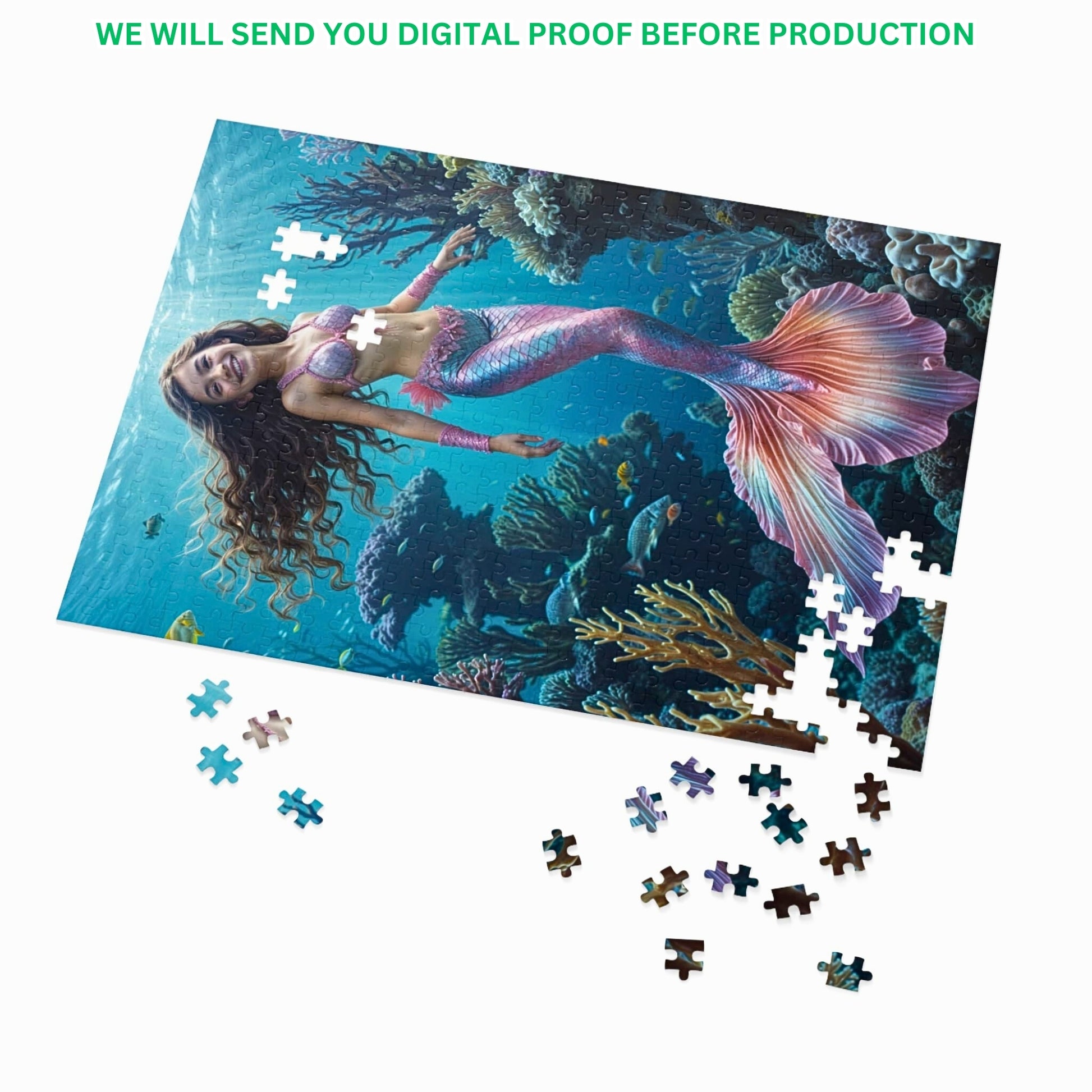 Transform photos into custom mermaid puzzles. Personalized little mermaid puzzle gifts. Create princess portraits. Ideal for princess birthdays. Choose 250-1000 pieces. Unique mermaid-themed gifts for girls.