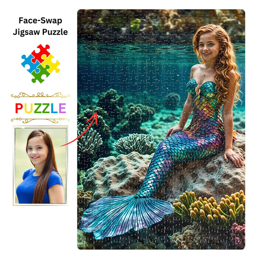Create a bespoke mermaid puzzle from your cherished photo! Personalize a princess portrait for a memorable birthday gift. Choose from 250 to 1000 pieces. Lady mermaid gifts, princess gifts, and mermaid photo gifts are available. Transform any image into a unique mermaid art puzzle. Perfect for mermaid and princess enthusiasts. Order your custom puzzle today!