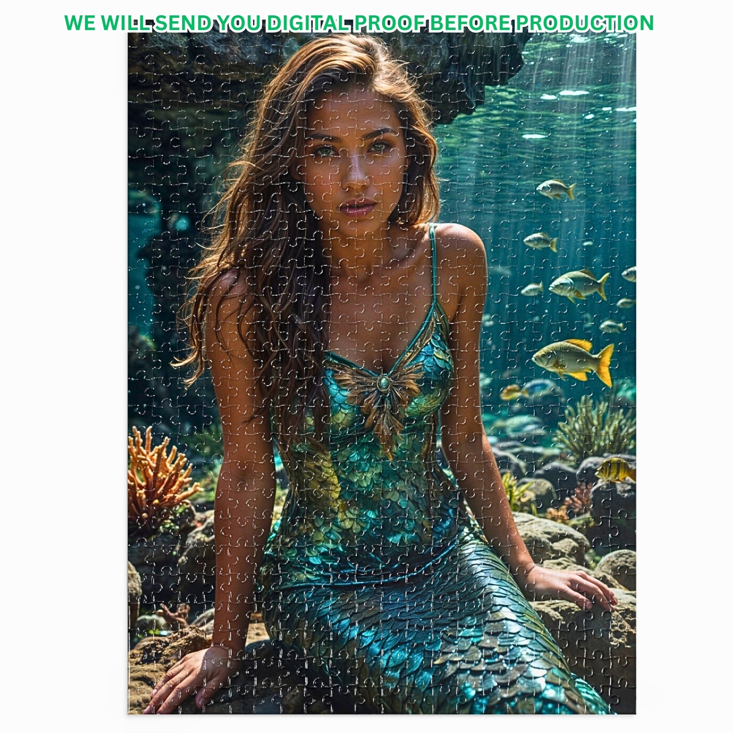 Turn your photo into a personalized mermaid puzzle! Customize a princess portrait for a special birthday gift. Available in 250 to 1000 pieces. Lady mermaid gifts, princess gifts, and mermaid photo gifts are options. Transform any image into a unique mermaid art puzzle. Perfect for mermaid and princess enthusiasts. Order your custom puzzle creation today!