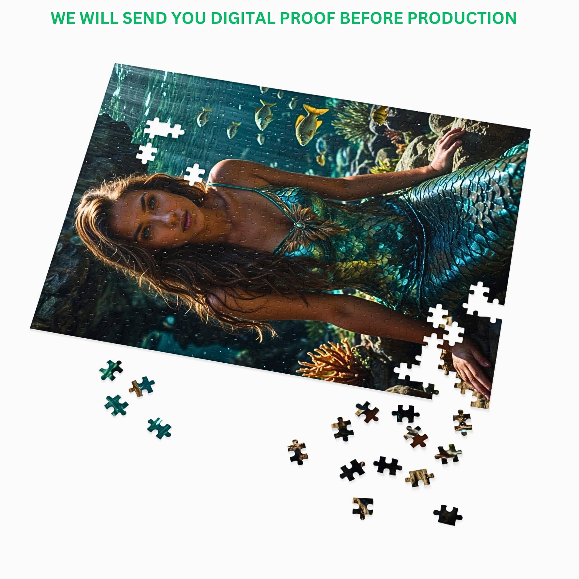 Turn your photo into a personalized mermaid puzzle! Customize a princess portrait for a special birthday gift. Available in 250 to 1000 pieces. Lady mermaid gifts, princess gifts, and mermaid photo gifts are options. Transform any image into a unique mermaid art puzzle. Perfect for mermaid and princess enthusiasts. Order your custom puzzle creation today!