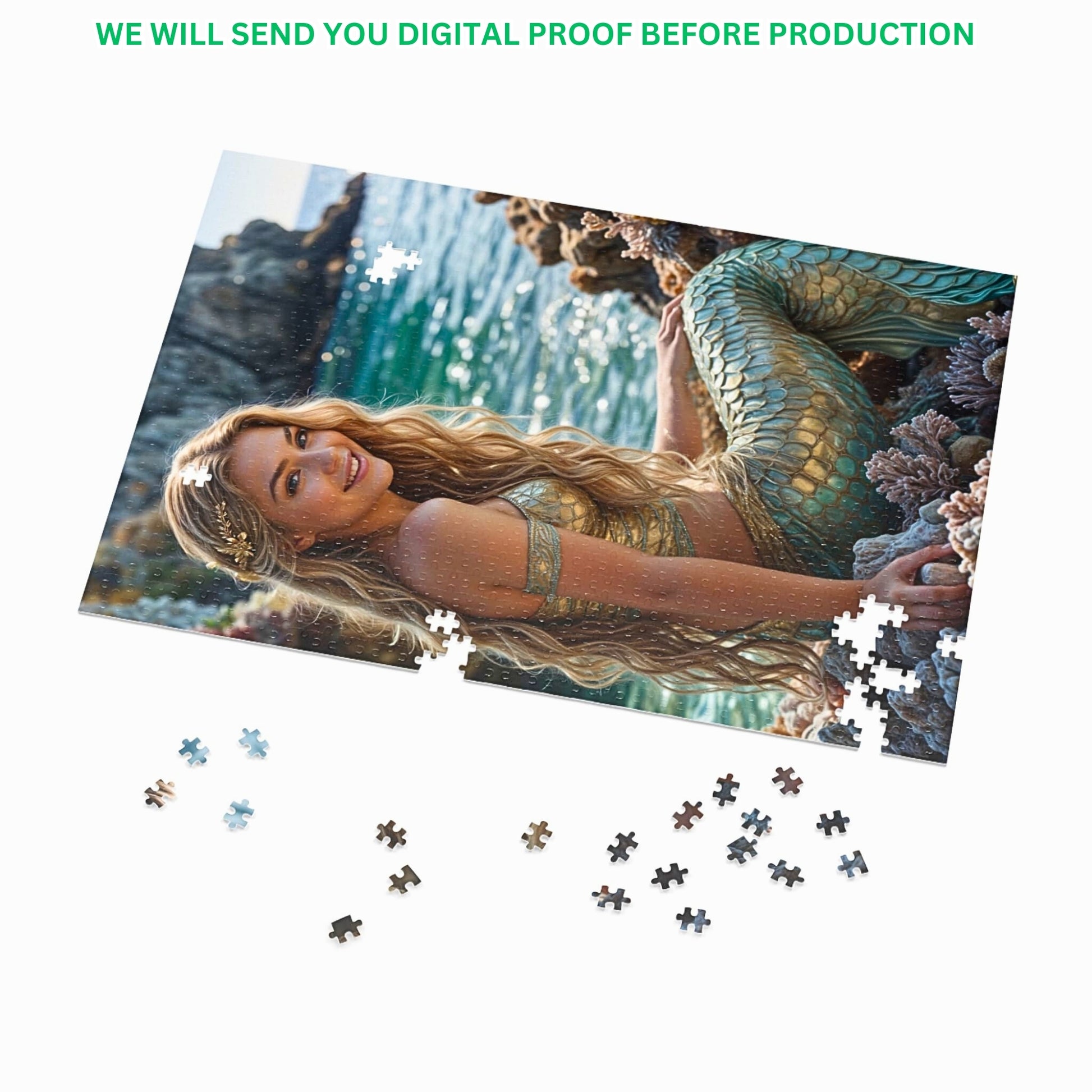 Create a unique custom mermaid puzzle from your favorite photo! Personalize your puzzle with a custom princess portrait for a one-of-a-kind mermaid gift. Choose from 250 to 1000 pieces for the perfect birthday puzzle gift. Lady mermaid gifts, princess gifts, and mermaid photo gifts available. Turn any photo into a custom mermaid art puzzle. Transform memories into personalized princess puzzles. Ideal for mermaid enthusiasts and princess fans alike. Order your custom mermaid puzzle today!