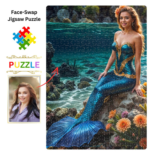 Custom Mermaid Puzzle from Photo, Personalized Girl Little Mermaid puzzle, Custom Princess Portrait Mermaid Gifts Princess Birthday Gift add puzzle from photo to all, 250 t0 1000PC: Create unique mermaid puzzles from your photos! Personalized gifts for princess birthdays. Custom mermaid art puzzles in 250 to 1000 pieces. Ideal for mermaid and princess lovers.