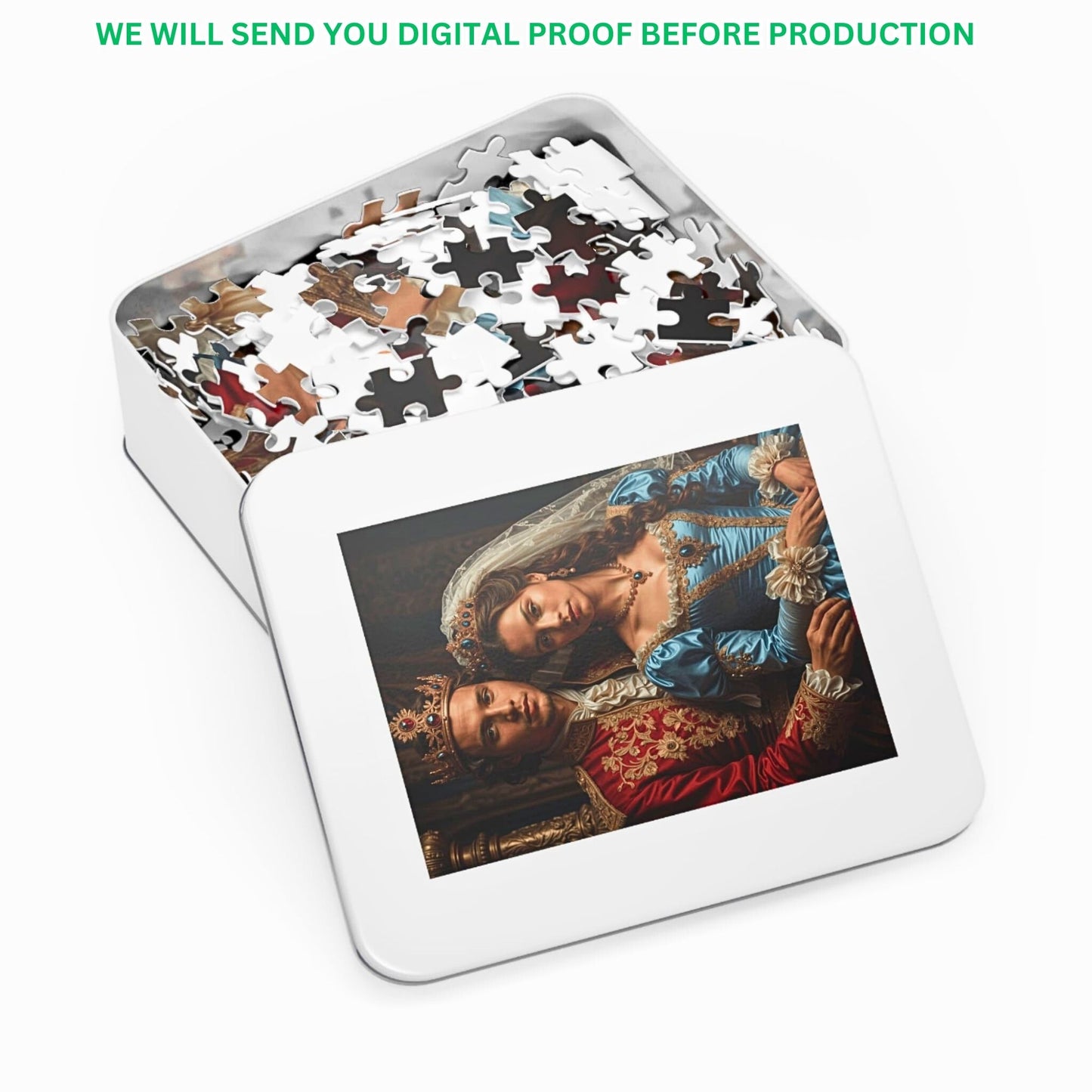 Unveil the charm of our custom royal couple puzzles, personalized from your cherished photos. Ideal for gifting on birthdays, anniversaries, or any memorable occasion. Choose from 252, 500, or 1000-piece options, each elegantly presented in a metal gift box for a stunning presentation.