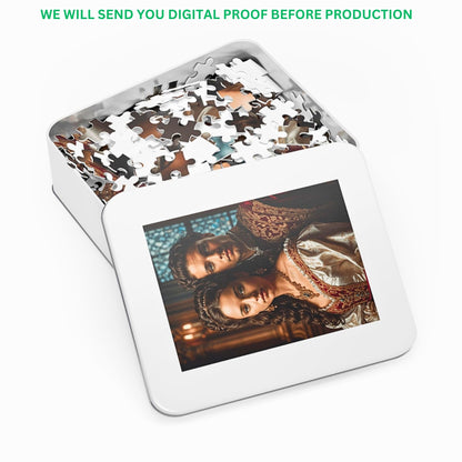 Dive into the enchanting world of custom royal couple puzzles, personalized from your treasured photos. Ideal for birthdays, anniversaries, or any occasion. Available in 252, 500, or 1000-piece options, each set beautifully packaged in a metal box for a truly special gift experience.