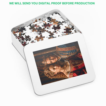 Immerse yourself in the charm of custom royal couple puzzles, created from your cherished images. Ideal for birthdays, anniversaries, or special moments. Choose from 252, 500, or 1000-piece sets, each meticulously crafted and presented in stylish metal packaging for an unforgettable gift.