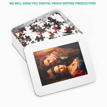 Discover the allure of personalized royal couple puzzles, made from your favorite photos. Perfect for birthdays, anniversaries, or any celebration. Available in 252, 500, or 1000-piece options, each puzzle set is elegantly packaged in a metal box, ensuring a memorable and unique gift experience.