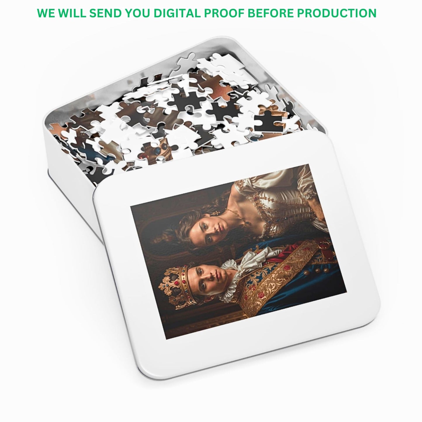 Unfold the elegance of custom royal couple puzzles, tailored from your cherished photographs. Ideal for birthdays, anniversaries, or any special occasion. Available in 252, 500, or 1000-piece sets, each puzzle is impeccably presented in a sleek metal box, promising a distinctive and heartfelt gift.