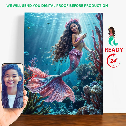 Give the gift of magic with a Custom Mermaid Portrait from Photo, perfect for a Personalized Princess Mermaid Portrait for your daughter's Birthday. Create enchanting Wall Art that brings her photo to life. Ideal for daughters, sisters, moms, and girlfriends, our Custom Mermaid Art portraits make memorable and unique gifts, transforming special moments into treasured keepsakes.