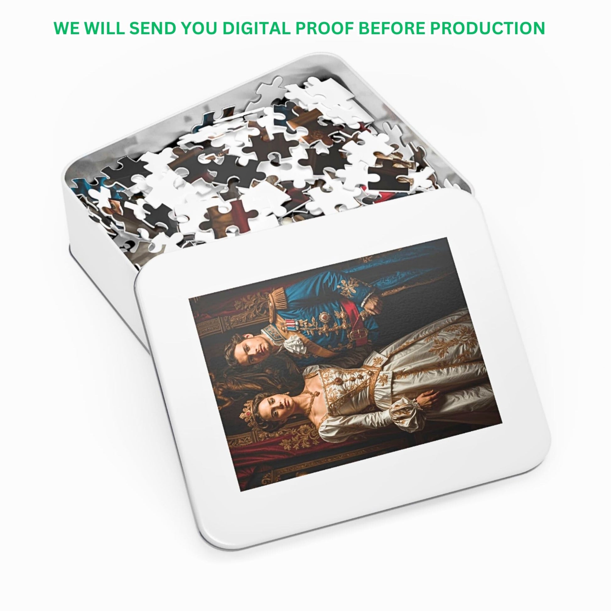Experience the enchantment of personalized royal couple puzzles, crafted from your own pictures. Perfect for birthdays, anniversaries, or as a unique gesture. Available in 252, 500, or 1000-piece varieties, each puzzle set is beautifully housed in a metal box for a memorable presentation.