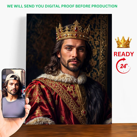 Transform a cherished photo into a majestic custom royal portrait, evoking the elegance of Renaissance artistry. Ideal as a birthday gift or for any occasion, this personalized king portrait captures the essence of regality. Available for digital download, it's a unique and timeless present for him.