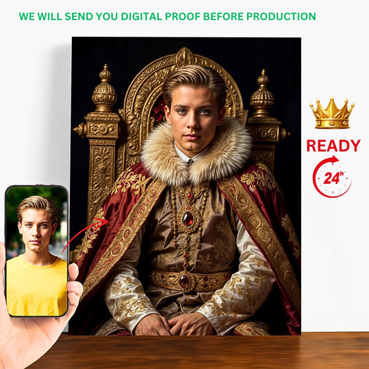 Elevate a cherished moment into a majestic custom royal portrait, reminiscent of the Renaissance era. Whether as a birthday surprise or a thoughtful gift for him, this personalized king portrait exudes timeless charm. With its historical allure and digital download option, it's a perfect blend of artistry and sentimentality.
