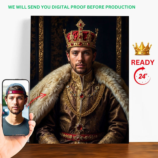 Turn a treasured photo into a regal masterpiece with a custom royal portrait. Inspired by the Renaissance, this historical gem makes for a memorable birthday gift or a thoughtful present for him. With its timeless appeal and digital download option, this personalized king portrait is sure to delight and impress.