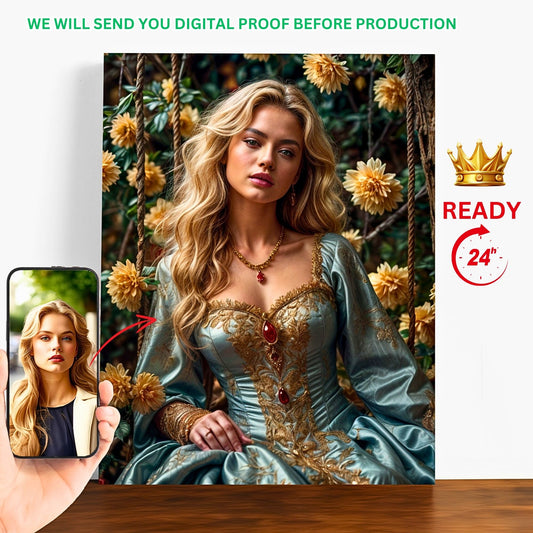 Celebrate her with a custom royal queen portrait, crafted from your photo in a Renaissance style. This historical portrait makes a regal birthday gift, capturing her essence with elegance and grace. Ideal for women who appreciate personalized art and unique gifts.