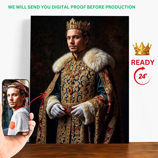 Transform an ordinary photo into a majestic custom royal portrait, drawing inspiration from the Renaissance. Perfect for birthdays or any special occasion, this personalized king portrait is a unique gift for him. With its historical charm and digital download option, it's a timeless keepsake that captures the essence of regal elegance.
